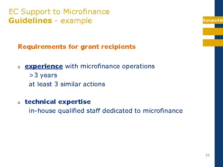 EC Support to Microfinance Guidelines - example Europe. Aid Requirements for grant recipients o