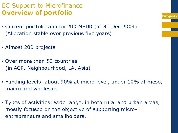 EC Support to Microfinance Overview of portfolio Europe. Aid • Current portfolio approx 200