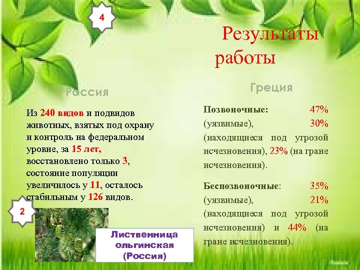 Результаты работы Греция Россия Из 240 видов и подвидов животных, взятых под охрану и