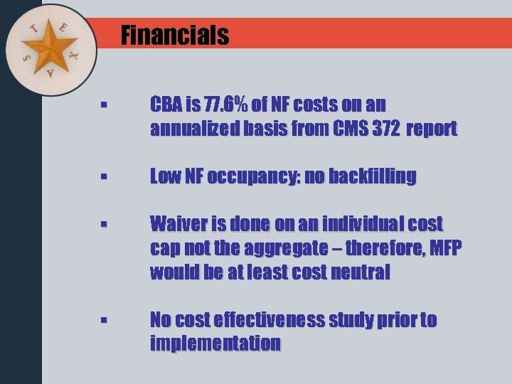 Financials § CBA is 77. 6% of NF costs on an annualized basis from