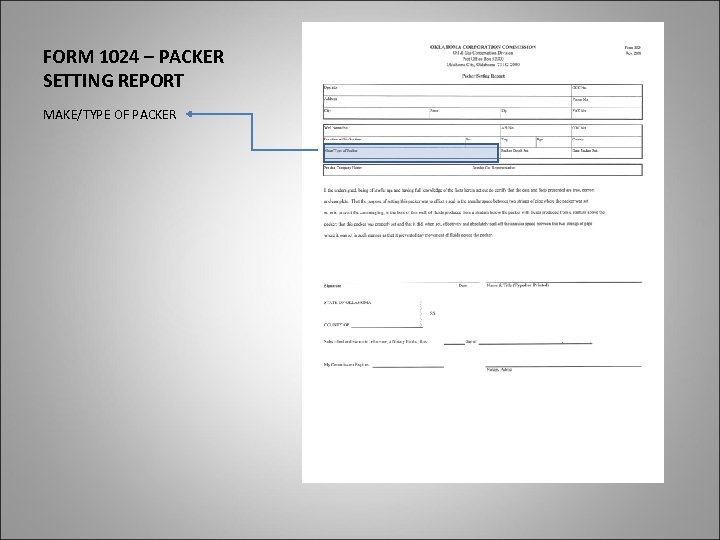 FORM 1024 – PACKER SETTING REPORT MAKE/TYPE OF PACKER 