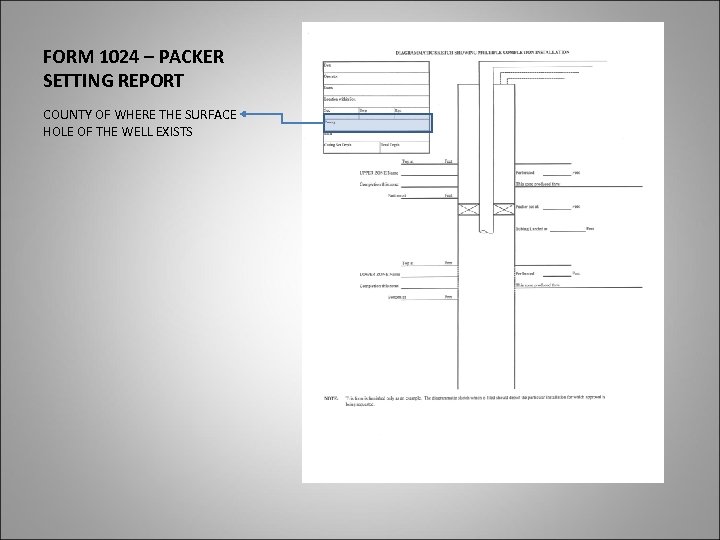 FORM 1024 – PACKER SETTING REPORT COUNTY OF WHERE THE SURFACE HOLE OF THE