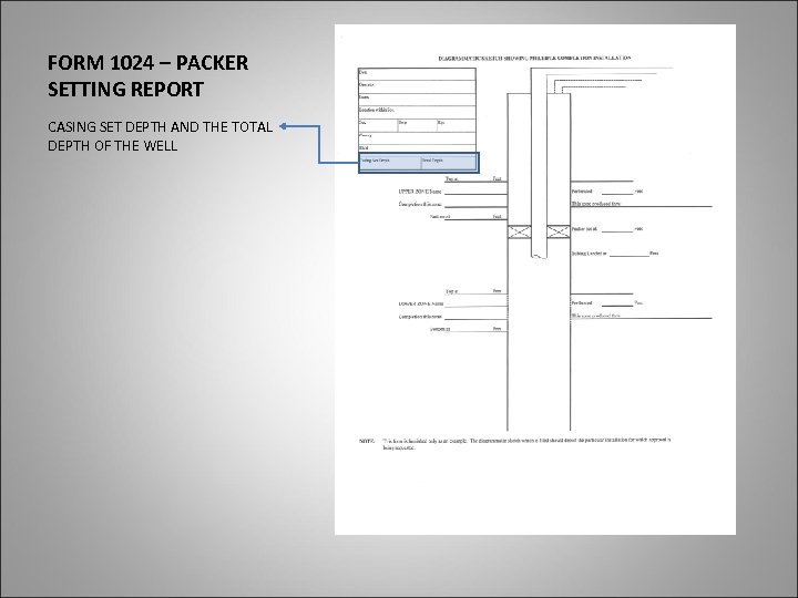 FORM 1024 – PACKER SETTING REPORT CASING SET DEPTH AND THE TOTAL DEPTH OF