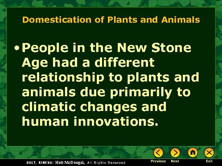 Domestication of Plants and Animals • People in the New Stone Age had a