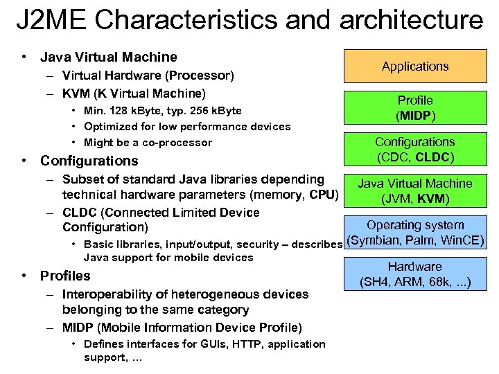 J 2 ME Characteristics and architecture • Java Virtual Machine – Virtual Hardware (Processor)