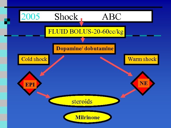 2005 Shock ABC FLUID BOLUS-20 -60 cc/kg Dopamine/ dobutamine Cold shock Warm shock NE