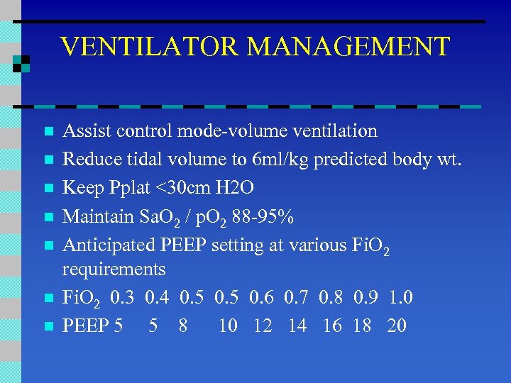 VENTILATOR MANAGEMENT n n n n Assist control mode-volume ventilation Reduce tidal volume to