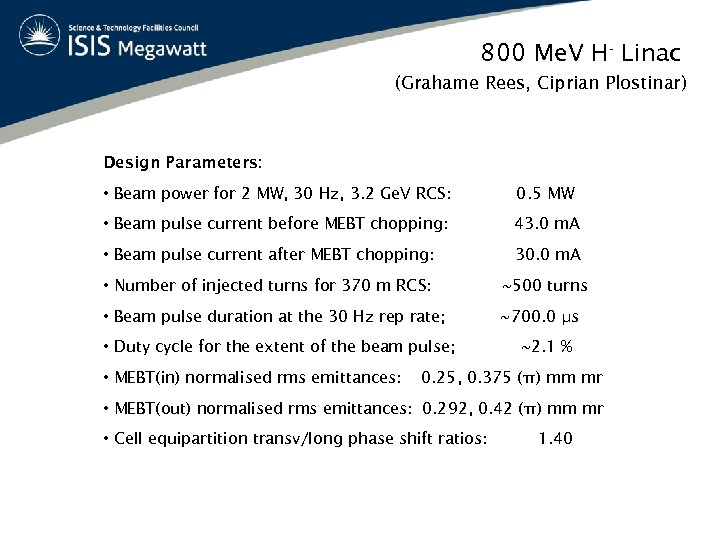 800 Me. V H- Linac (Grahame Rees, Ciprian Plostinar) Design Parameters: • Beam power