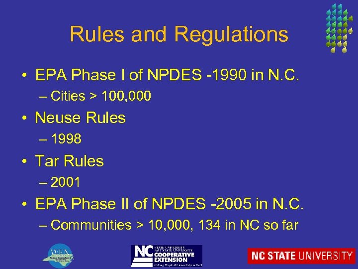 Rules and Regulations • EPA Phase I of NPDES -1990 in N. C. –