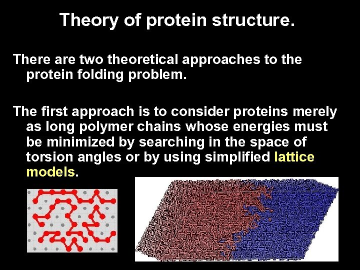 Theory of protein structure. There are two theoretical approaches to the protein folding problem.