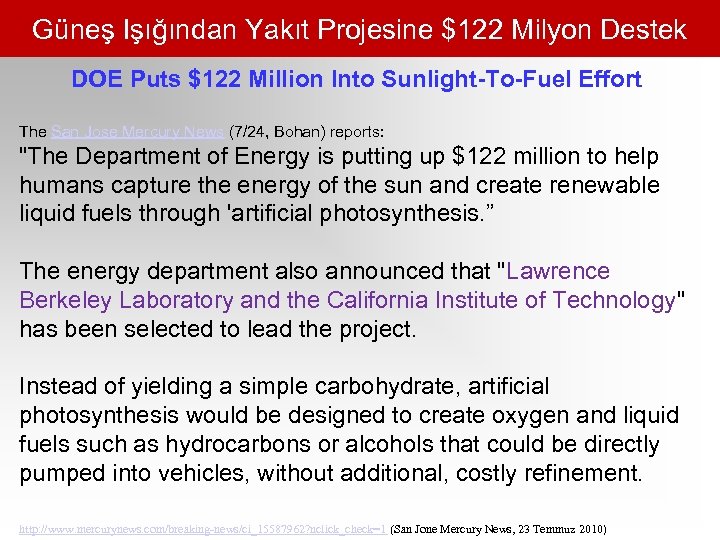 Güneş Işığından Yakıt Projesine $122 Milyon Destek DOE Puts $122 Million Into Sunlight-To-Fuel Effort