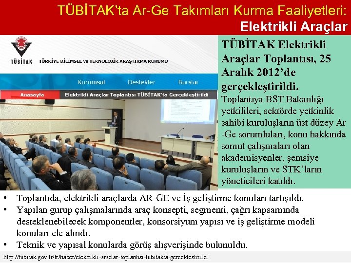 TÜBİTAK’ta Ar-Ge Takımları Kurma Faaliyetleri: Elektrikli Araçlar TÜBİTAK Elektrikli Araçlar Toplantısı, 25 Aralık 2012’de