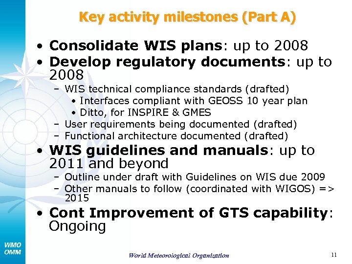 Key activity milestones (Part A) • Consolidate WIS plans: up to 2008 • Develop