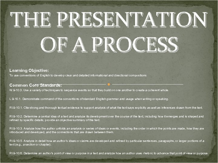 THE PRESENTATION OF A PROCESS Learning Objective: To use conventions of English to develop