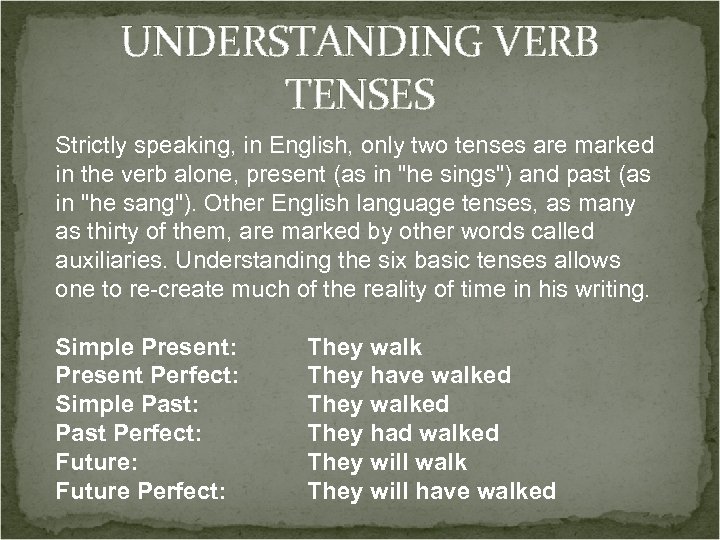 UNDERSTANDING VERB TENSES Strictly speaking, in English, only two tenses are marked in the
