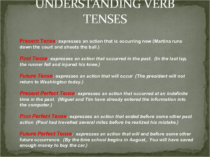 UNDERSTANDING VERB TENSES Present Tense: expresses an action that is occurring now (Martina runs