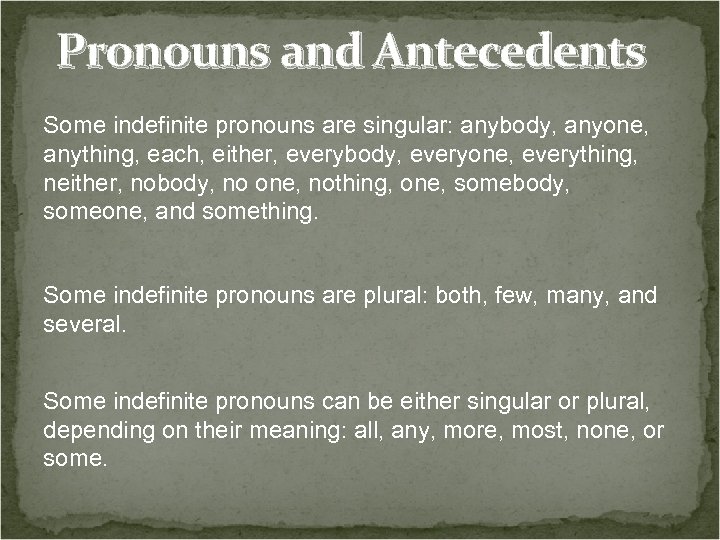Pronouns and Antecedents Some indefinite pronouns are singular: anybody, anyone, anything, each, either, everybody,