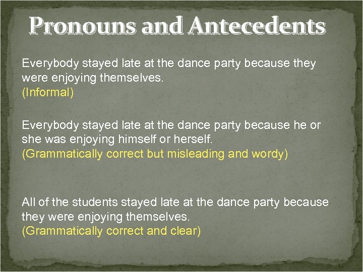 Pronouns and Antecedents Everybody stayed late at the dance party because they were enjoying
