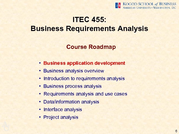 ITEC 455: Business Requirements Analysis Course Roadmap • Business application development • Business analysis