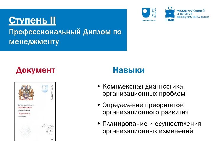 Ступень II Профессиональный Диплом по менеджменту Документ Навыки • Комплексная диагностика организационных проблем •