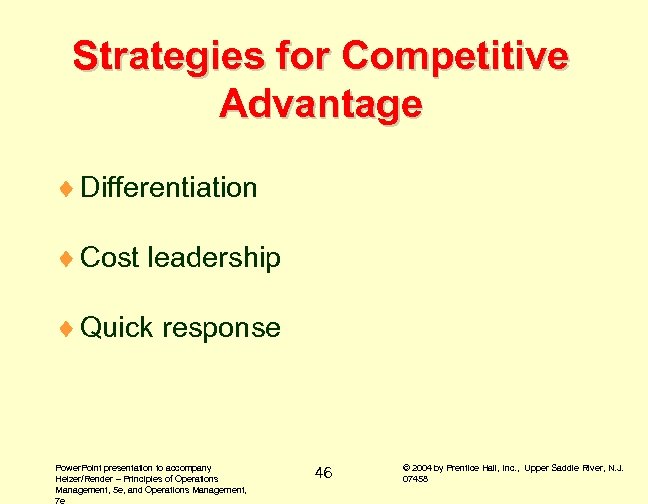 Strategies for Competitive Advantage ¨ Differentiation ¨ Cost leadership ¨ Quick response Power. Point