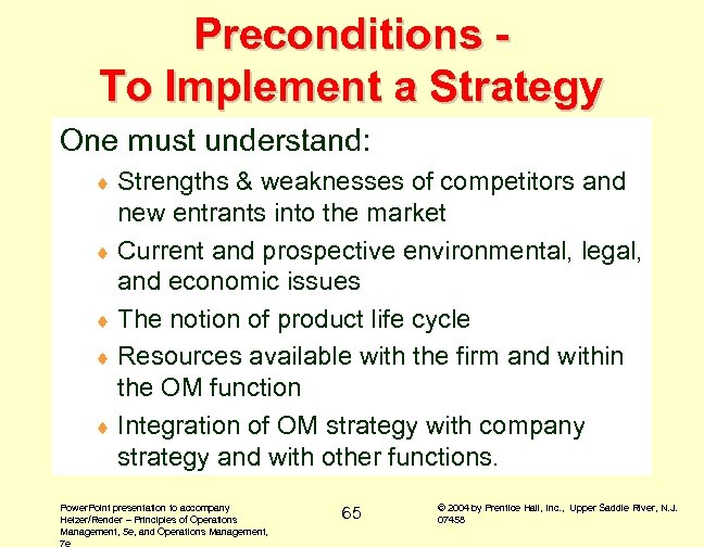 Preconditions To Implement a Strategy One must understand: ¨ Strengths & weaknesses of competitors