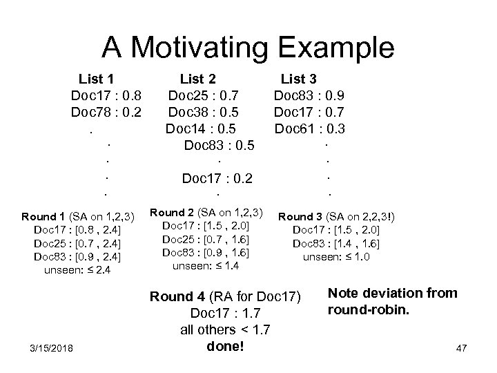 A Motivating Example List 1 List 2 List 3 Doc 17 : 0. 8