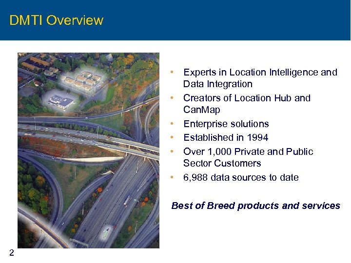DMTI Overview • Experts in Location Intelligence and Data Integration • Creators of Location
