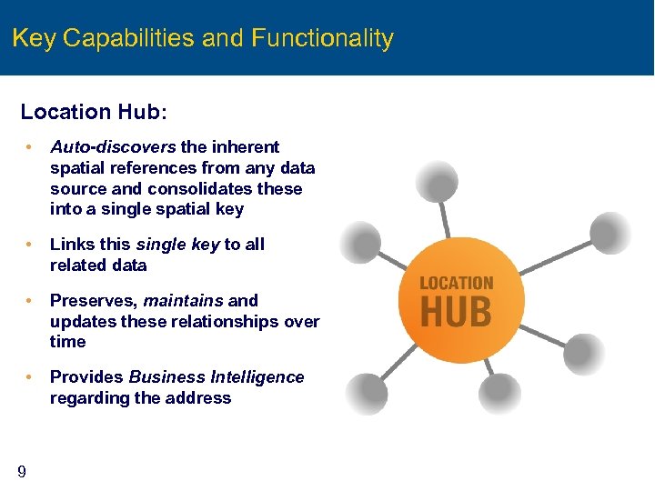 Key Capabilities and Functionality Location Hub: • Auto-discovers the inherent spatial references from any