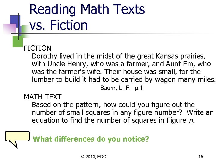 Reading Math Texts vs. Fiction FICTION Dorothy lived in the midst of the great