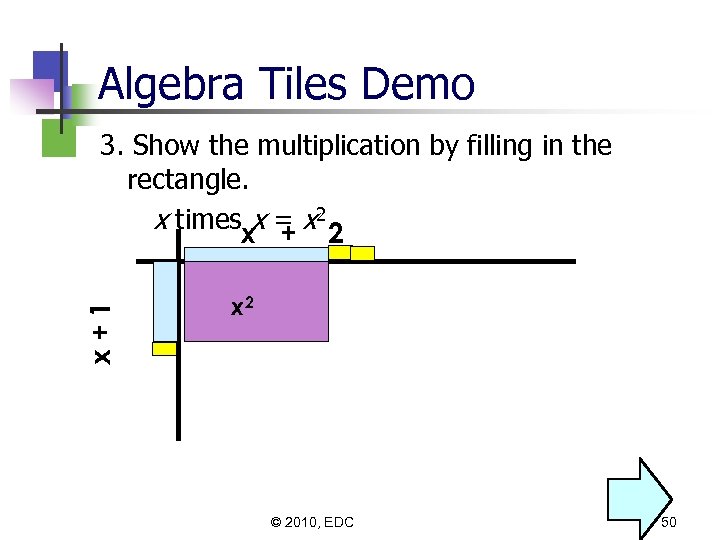 Algebra Tiles Demo x+1 3. Show the multiplication by filling in the rectangle. x