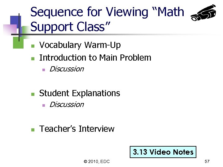 Sequence for Viewing “Math Support Class” n n Vocabulary Warm-Up Introduction to Main Problem