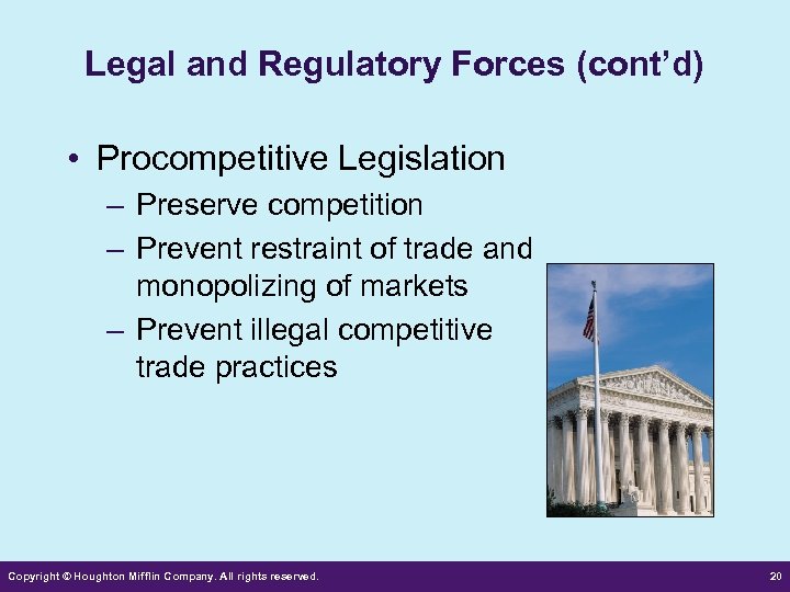 Legal and Regulatory Forces (cont’d) • Procompetitive Legislation – Preserve competition – Prevent restraint