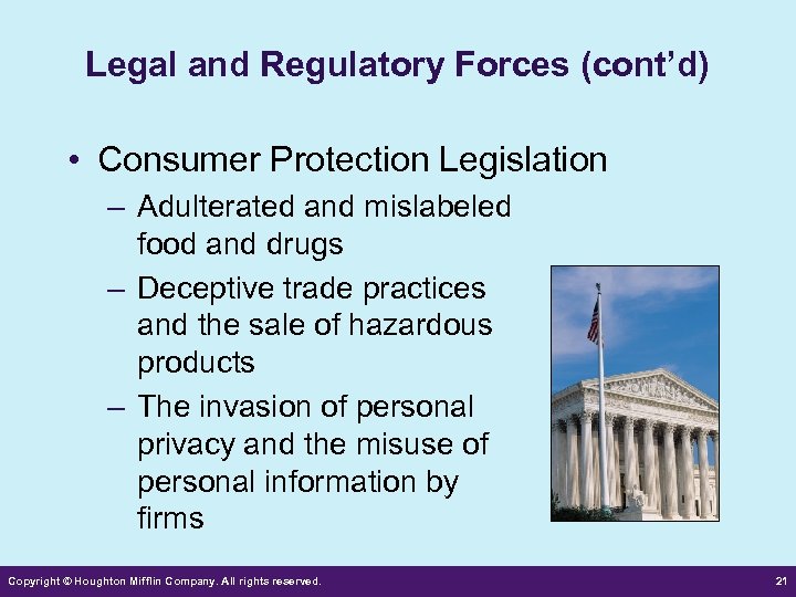 Legal and Regulatory Forces (cont’d) • Consumer Protection Legislation – Adulterated and mislabeled food