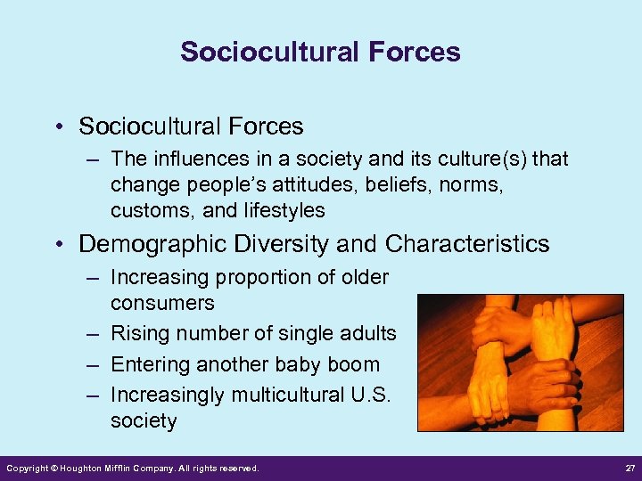 Sociocultural Forces • Sociocultural Forces – The influences in a society and its culture(s)
