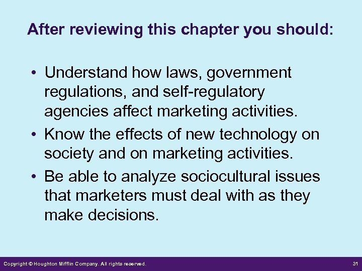 After reviewing this chapter you should: • Understand how laws, government regulations, and self-regulatory