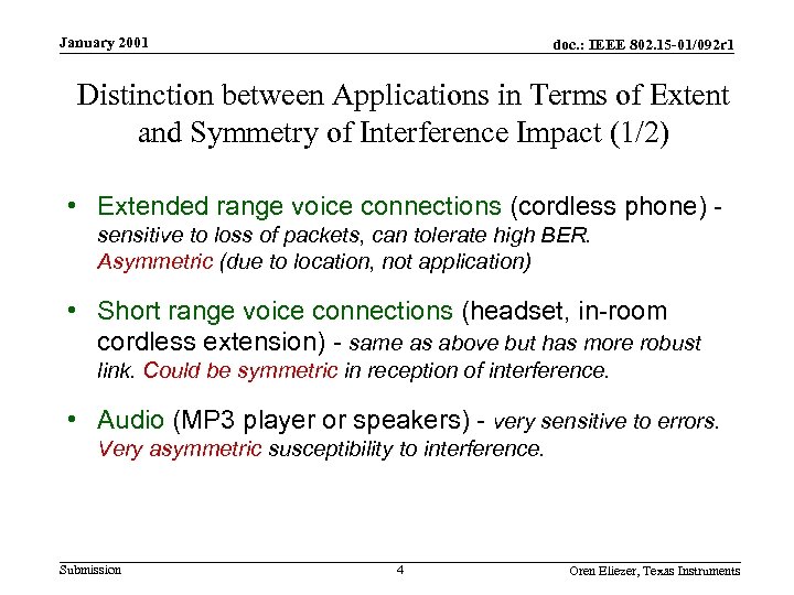 January 2001 doc. : IEEE 802. 15 -01/092 r 1 Distinction between Applications in