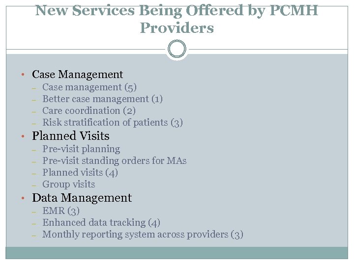 New Services Being Offered by PCMH Providers • Case Management – Case management (5)