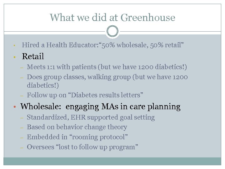What we did at Greenhouse • Hired a Health Educator: “ 50% wholesale, 50%