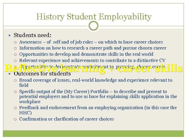 History Student Employability Students need: Awareness – of self and of job roles –