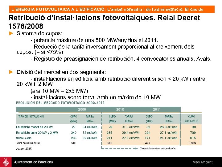 L’ENERGIA FOTOVOLTAICA A L’EDIFICACIÓ: L’àmbit normatiu i de l’administració. El cas de Barcelona, OFV.