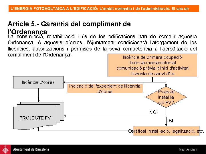 L’ENERGIA FOTOVOLTAICA A L’EDIFICACIÓ: L’àmbit normatiu i de l’administració. El cas de Barcelona, OFV.