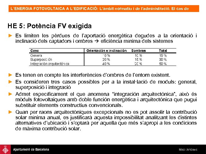 L’ENERGIA FOTOVOLTAICA A L’EDIFICACIÓ: L’àmbit normatiu i de l’administració. El cas de Barcelona, OFV.