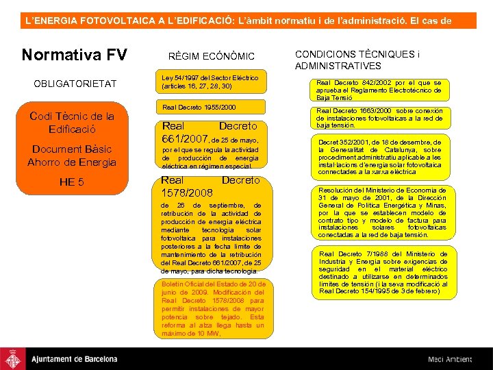 L’ENERGIA FOTOVOLTAICA A L’EDIFICACIÓ: L’àmbit normatiu i de l’administració. El cas de Barcelona, OFV.