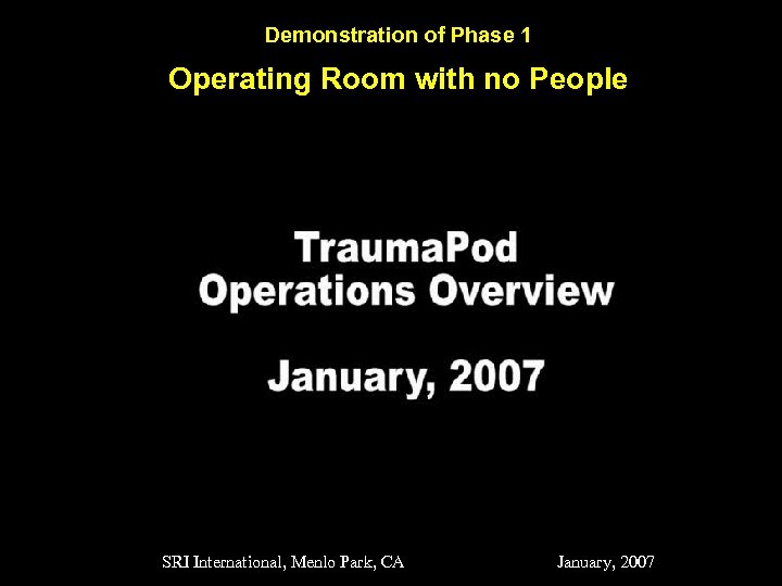 Demonstration of Phase 1 Operating Room with no People SRI International, Menlo Park, CA