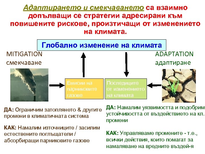 Адаптирането и смекчаването са взаимно допълващи се стратегии адресирани към повишените рискове, произтичащи от