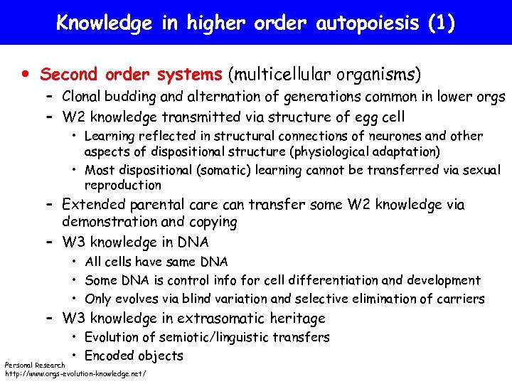 Knowledge in higher order autopoiesis (1) Second order systems (multicellular organisms) – Clonal budding