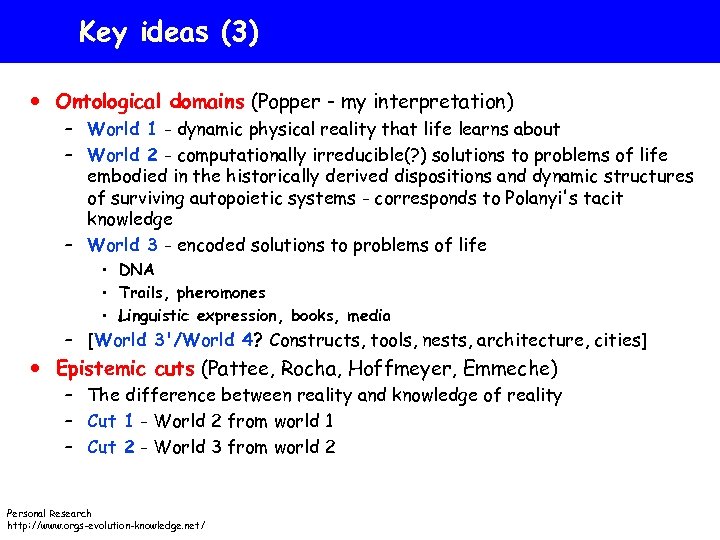 Key ideas (3) Ontological domains (Popper - my interpretation) – World 1 - dynamic