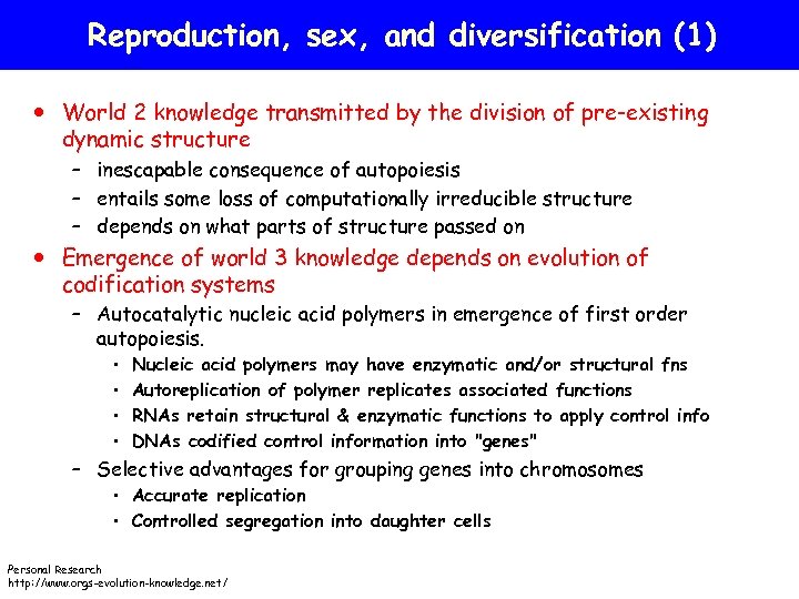 Reproduction, sex, and diversification (1) World 2 knowledge transmitted by the division of pre-existing