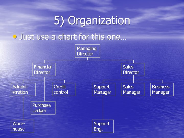 5) Organization • Just use a chart for this one… Managing Director Financial Director